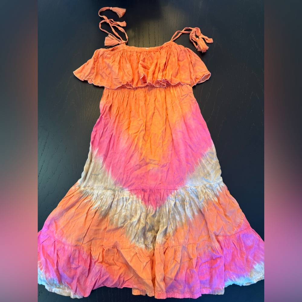 Girls Tie-Dye Mallorcan Tiered Dress in Orange and Pink w Tied Spaghetti Straps